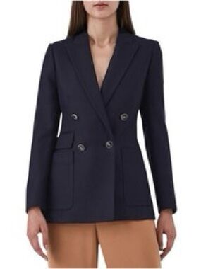 Reiss Tate Navy Blue Double Breasted Wool Blend Blazer Size 4